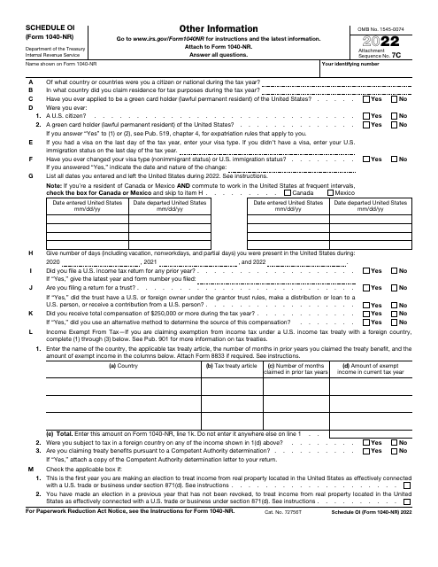 IRS Form 1040-NR Schedule OI 2022 Printable Pdf
