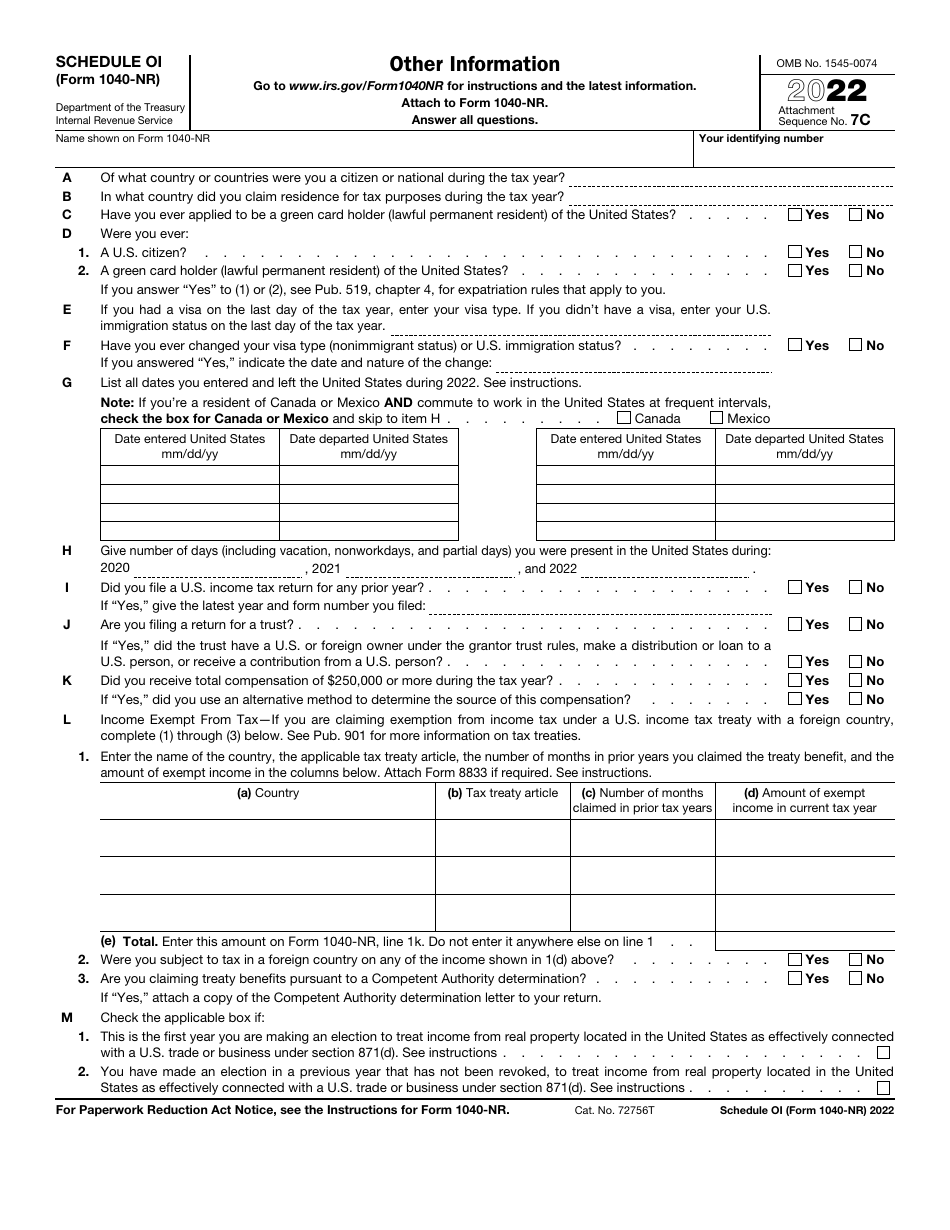 IRS Form 1040-NR Schedule OI Download Fillable PDF or Fill Online Other ...