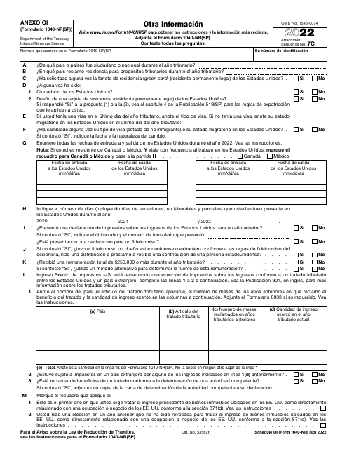 IRS Formulario 1040-NR(SP) Anexo OI 2022 Printable Pdf