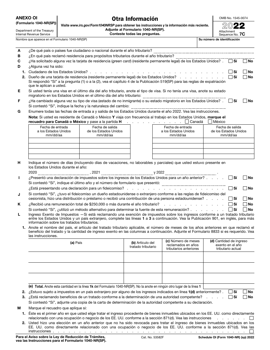 IRS Formulario 1040-NR(SP) Anexo OI Otra Informacion (Spanish), Page 1