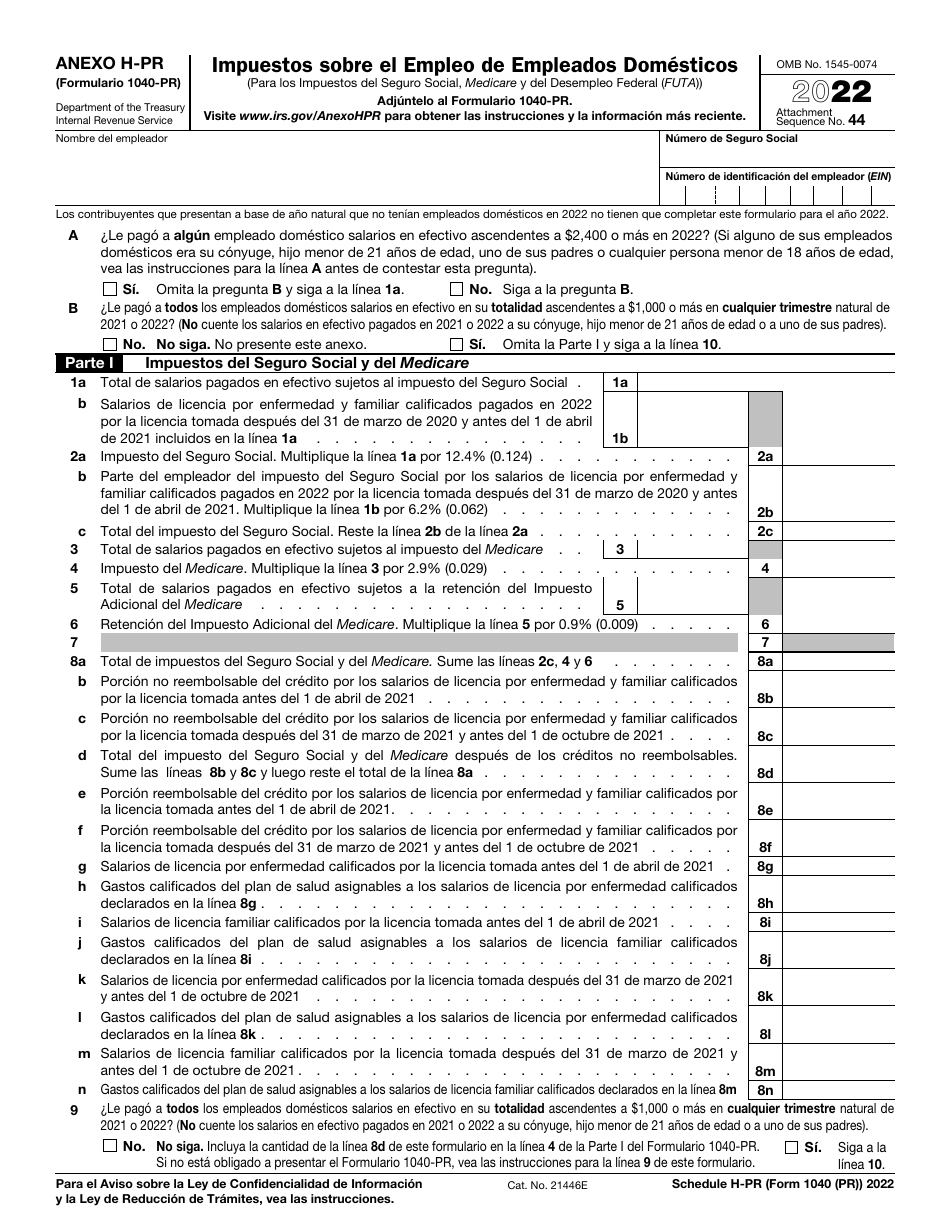 IRS Formulario 1040-PR Anexo H-PR Impuestos Sobre El Empleo De Empleados Domesticos (Puerto Rican Spanish), Page 1