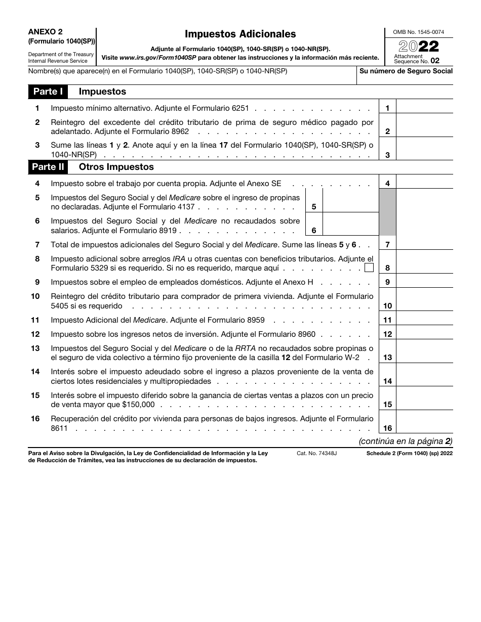 IRS Formulario 1040(SP) Anexo 2 Impuestos Adicionales (Spanish), Page 1