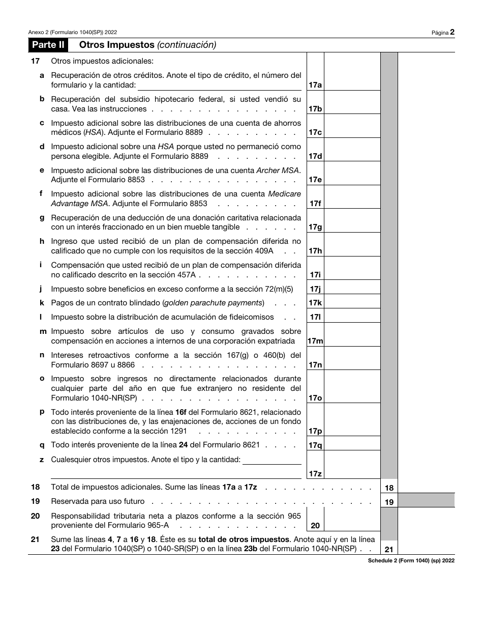 IRS Formulario 1040(SP) Anexo 2 Impuestos Adicionales (Spanish), Page 2