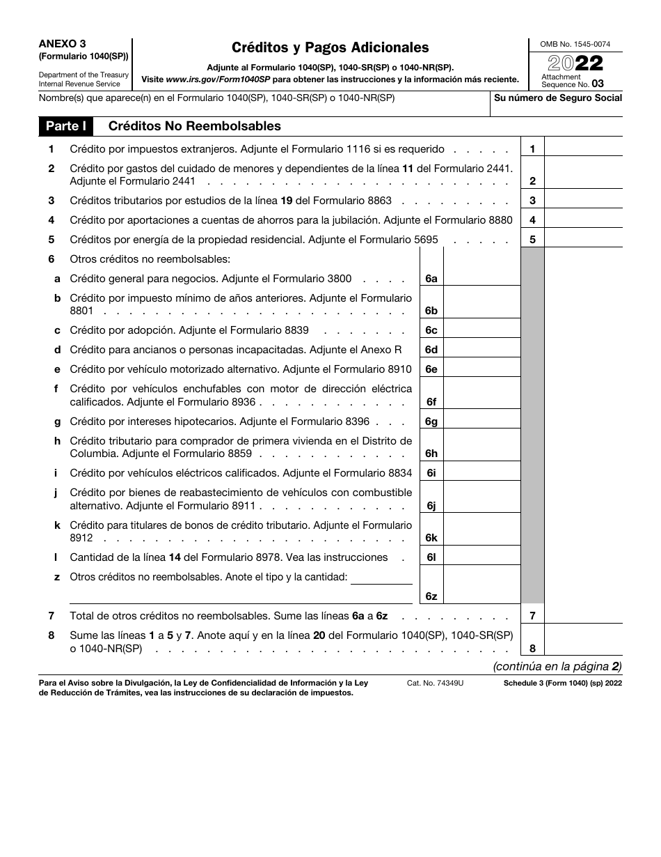 IRS Formulario 1040(SP) Anexo 3 Creditos Y Pagos Adicionales (Spanish), Page 1