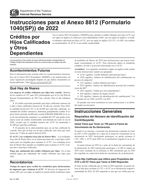 IRS Formulario 1040(SP) Anexo 8812 2022 Printable Pdf