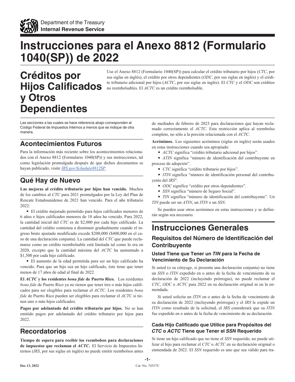 Instrucciones para IRS Formulario 1040(SP) Anexo 8812 Creditos Por Hijos Calificados Y Otros Dependientes (Spanish), Page 1