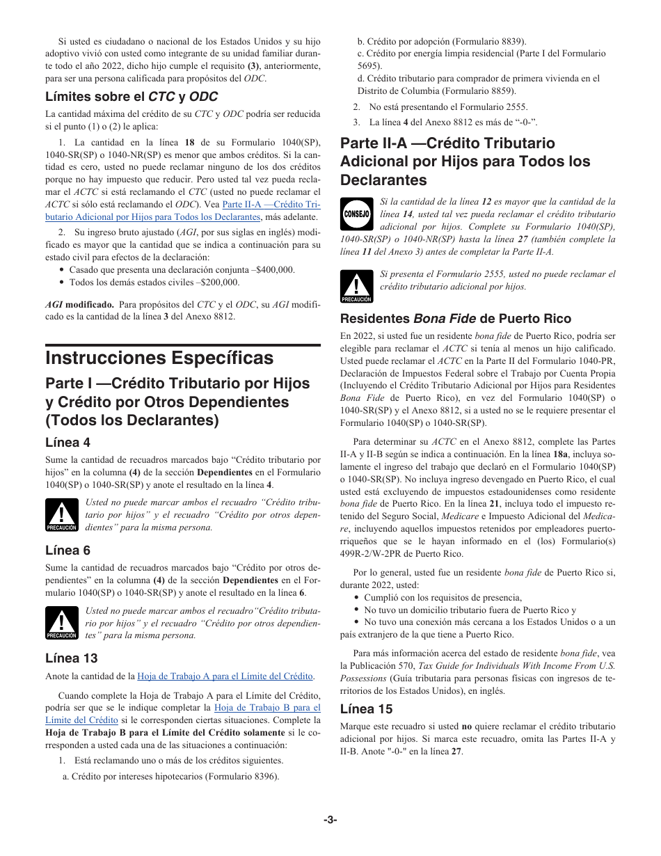 Instrucciones para IRS Formulario 1040(SP) Anexo 8812 Creditos Por Hijos Calificados Y Otros Dependientes (Spanish), Page 3