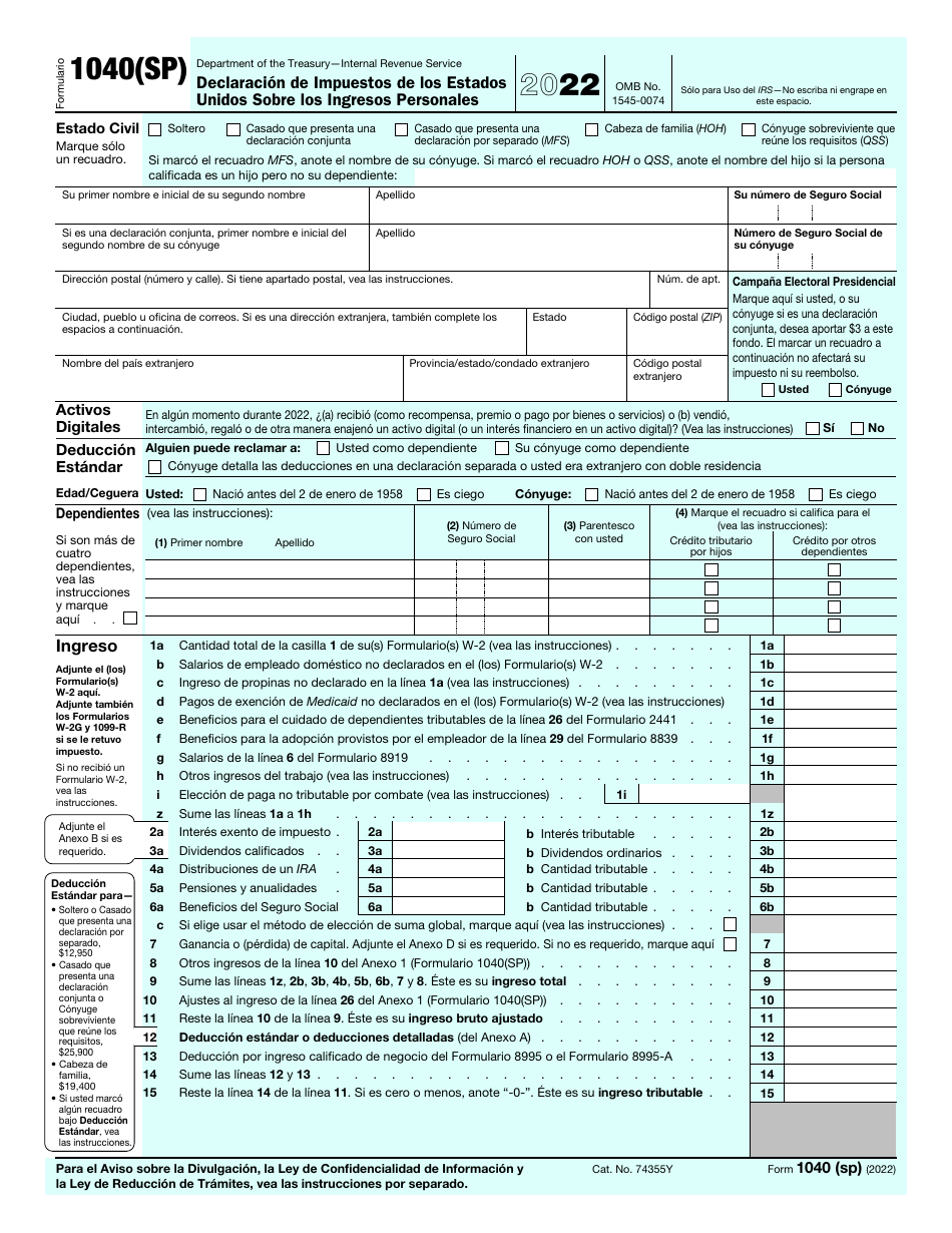 IRS Formulario 1040(SP) Declaracion De Impuestos De Los Estados Unidos Sobre Los Ingresos Personales (Spanish), Page 1