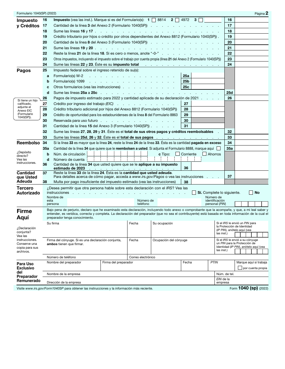 IRS Formulario 1040(SP) Declaracion De Impuestos De Los Estados Unidos Sobre Los Ingresos Personales (Spanish), Page 2