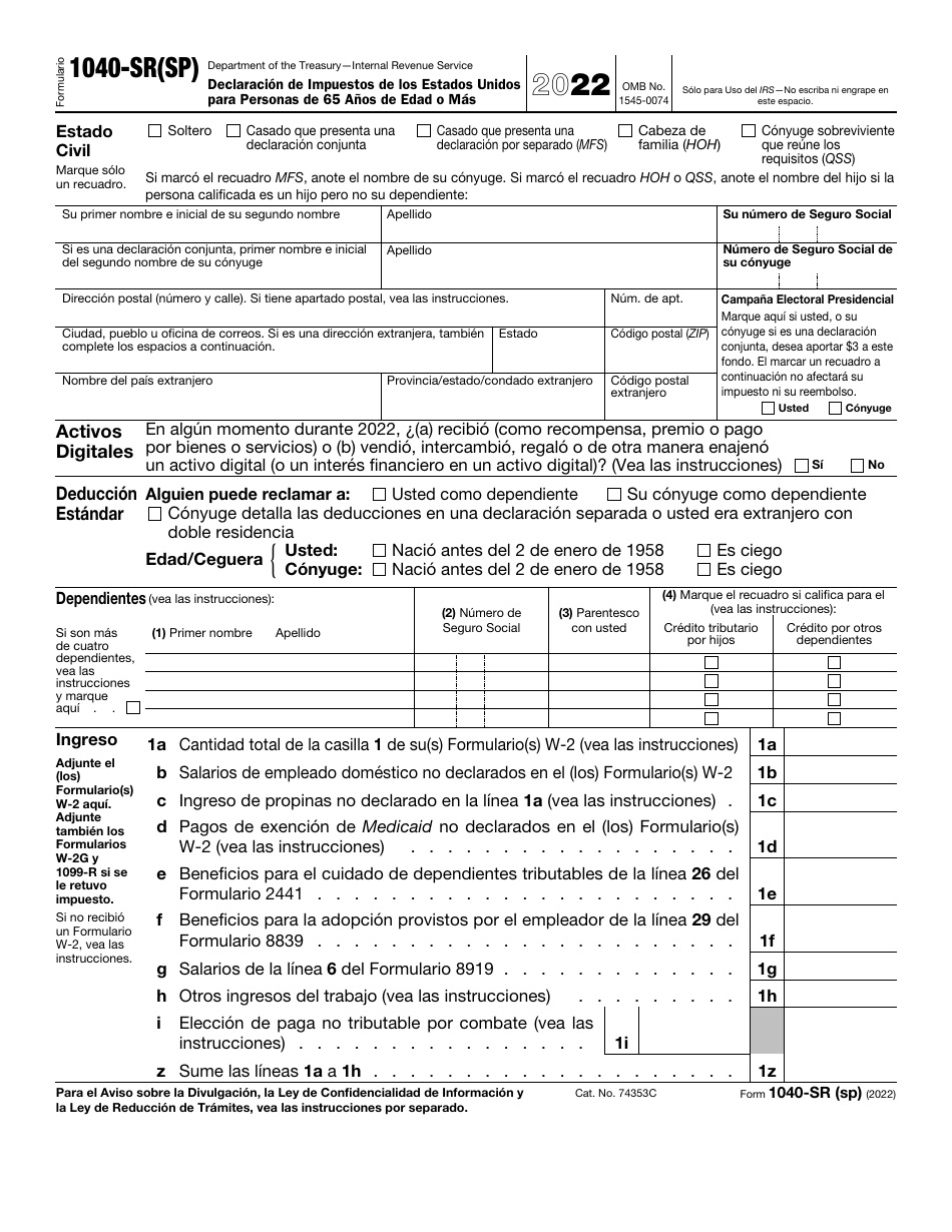 IRS Formulario 1040SR(SP) 2022 Fill Out, Sign Online and Download