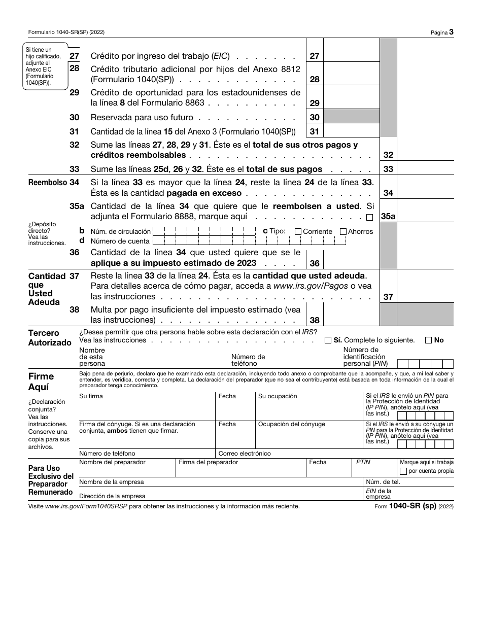 IRS Formulario 1040SR(SP) 2022 Fill Out, Sign Online and Download Fillable PDF (Puerto