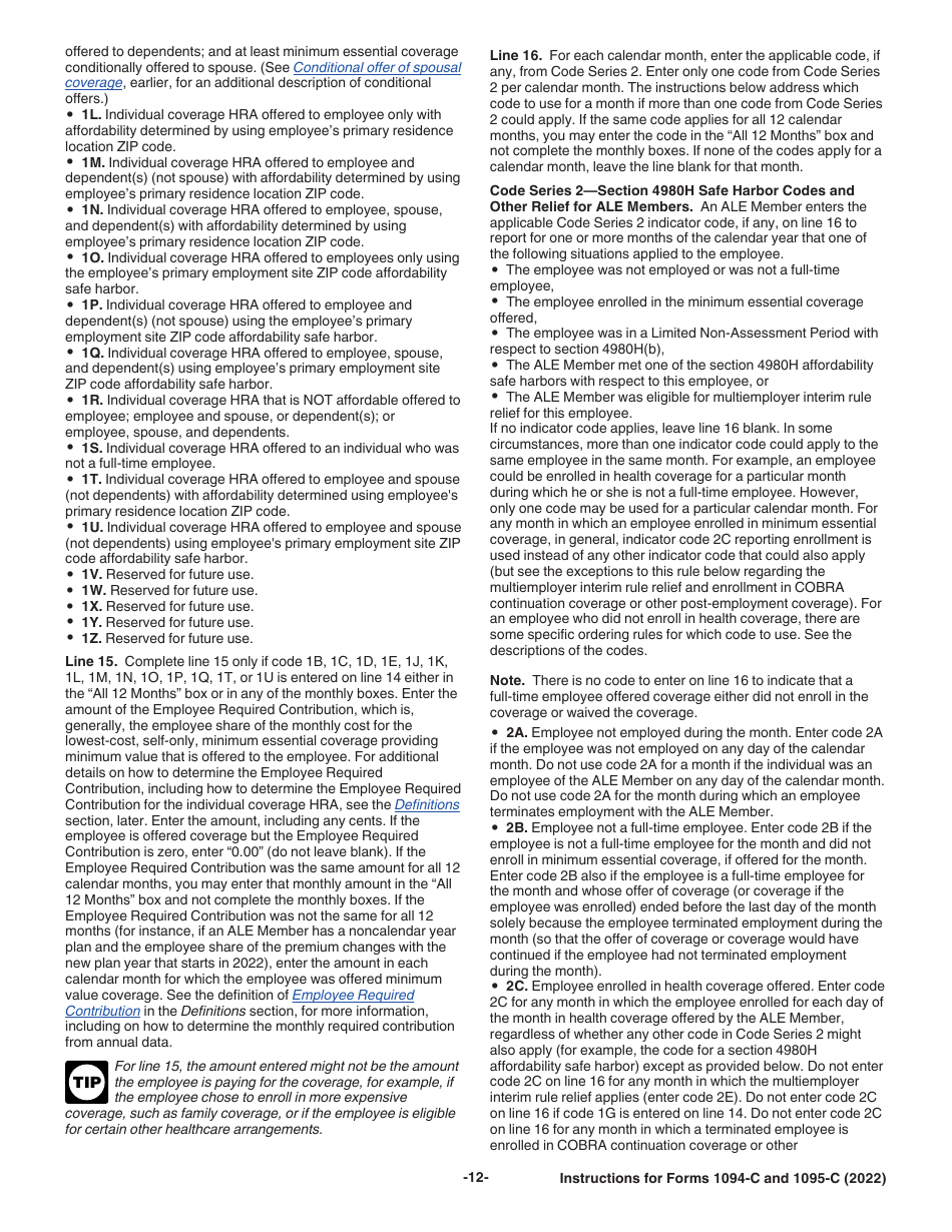 Instructions for IRS Form 1094-C, 1095-C, Page 12