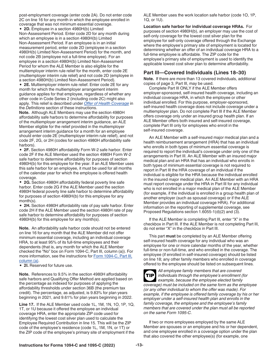 Instructions for IRS Form 1094-C, 1095-C, Page 13