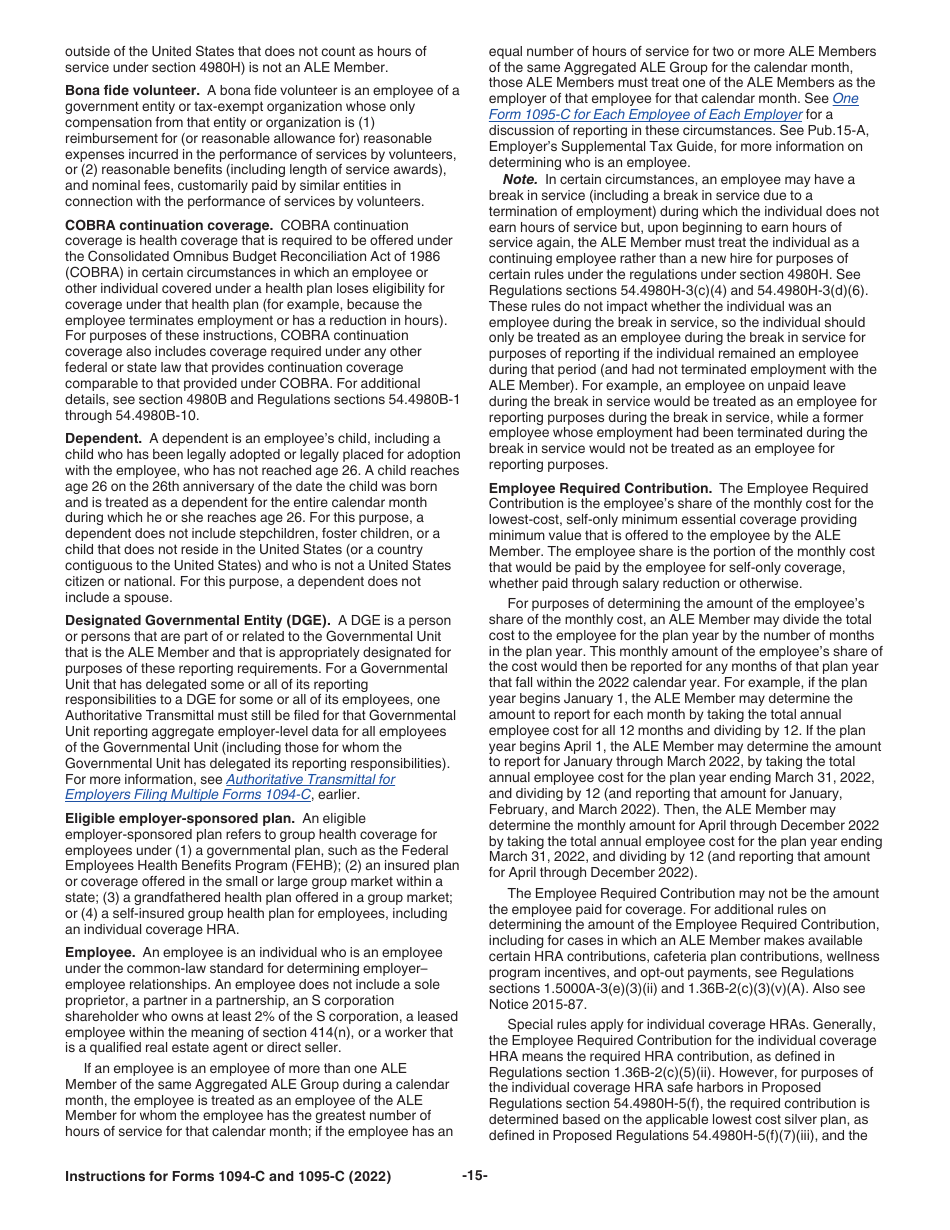 Instructions for IRS Form 1094-C, 1095-C, Page 15