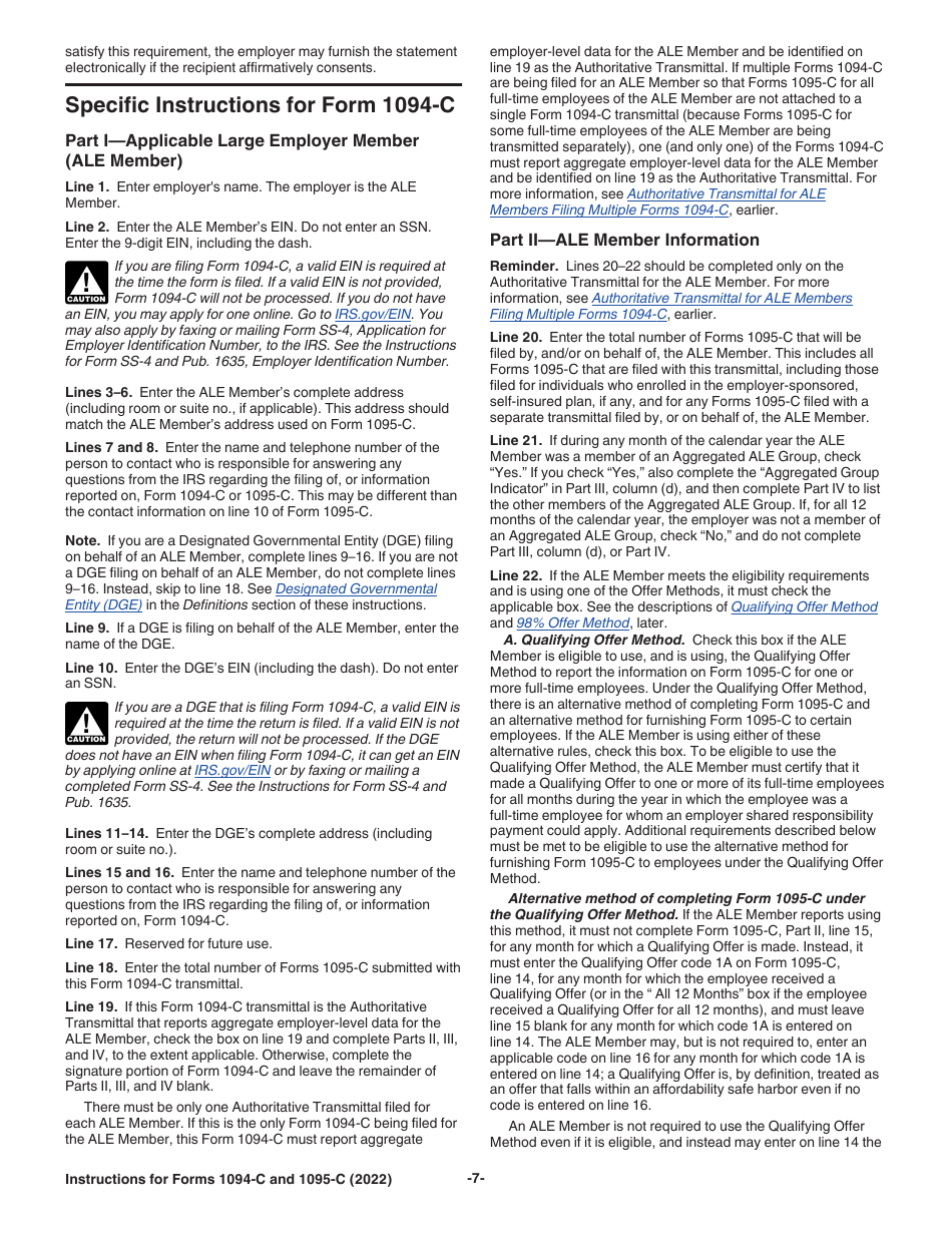 Instructions for IRS Form 1094-C, 1095-C, Page 7