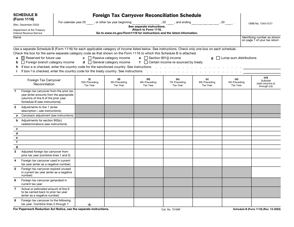 IRS Form 1116 Schedule B Foreign Tax Carryover Reconciliation Schedule, Page 1