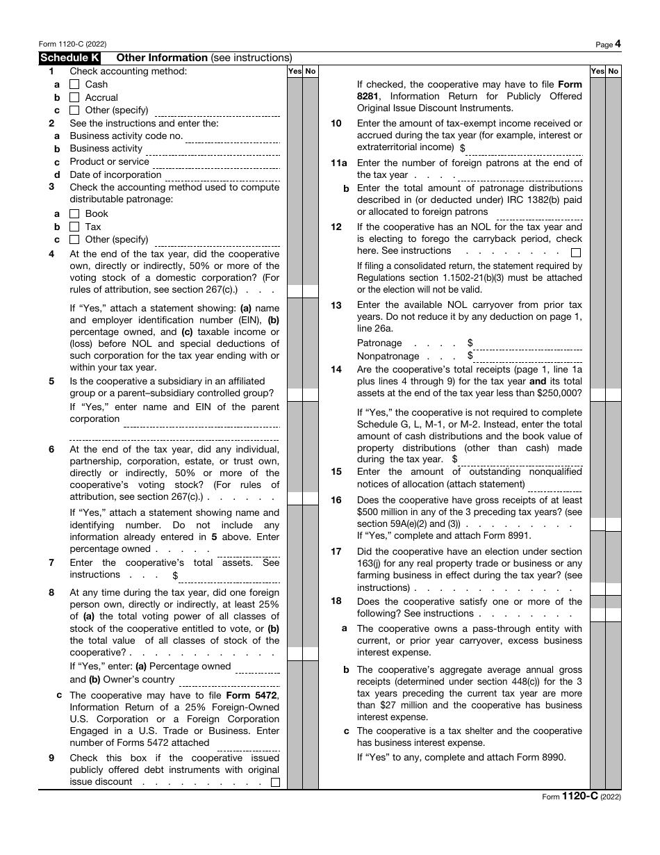 IRS Form 1120-C U.S. Income Tax Return for Cooperative Associations, Page 4