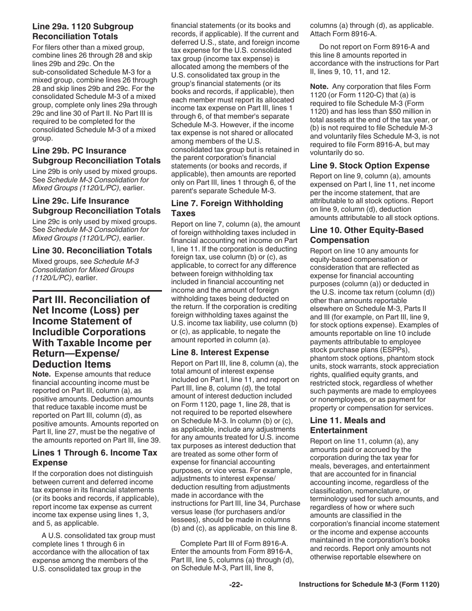 Instructions for IRS Form 1120 Schedule M-3 Net Income (Loss) Reconciliation for Corporations With Total Assets of $10 Million or More, Page 22