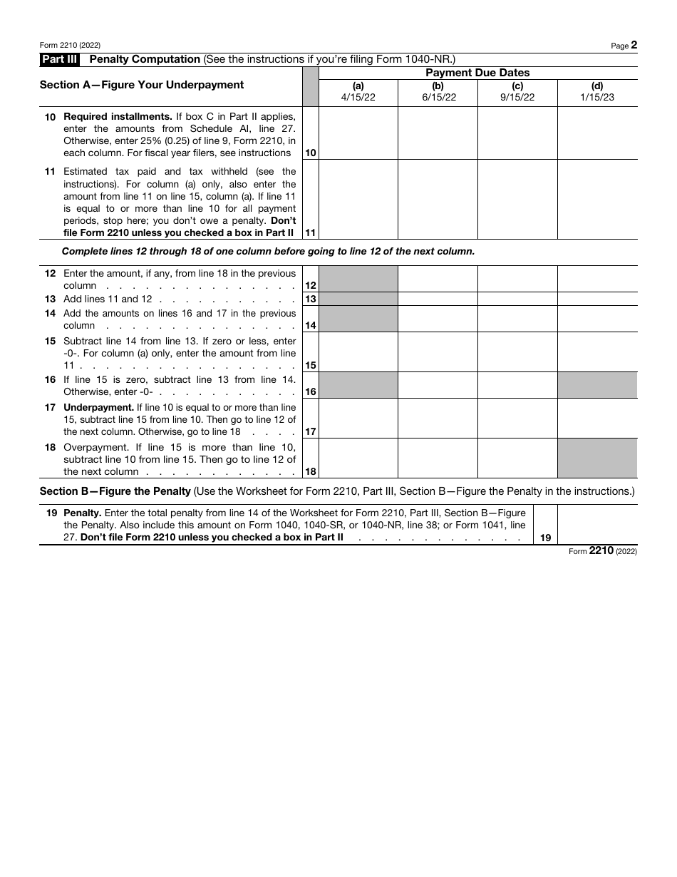 IRS Form 2210 Underpayment of Estimated Tax by Individuals, Estates, and Trusts, Page 2