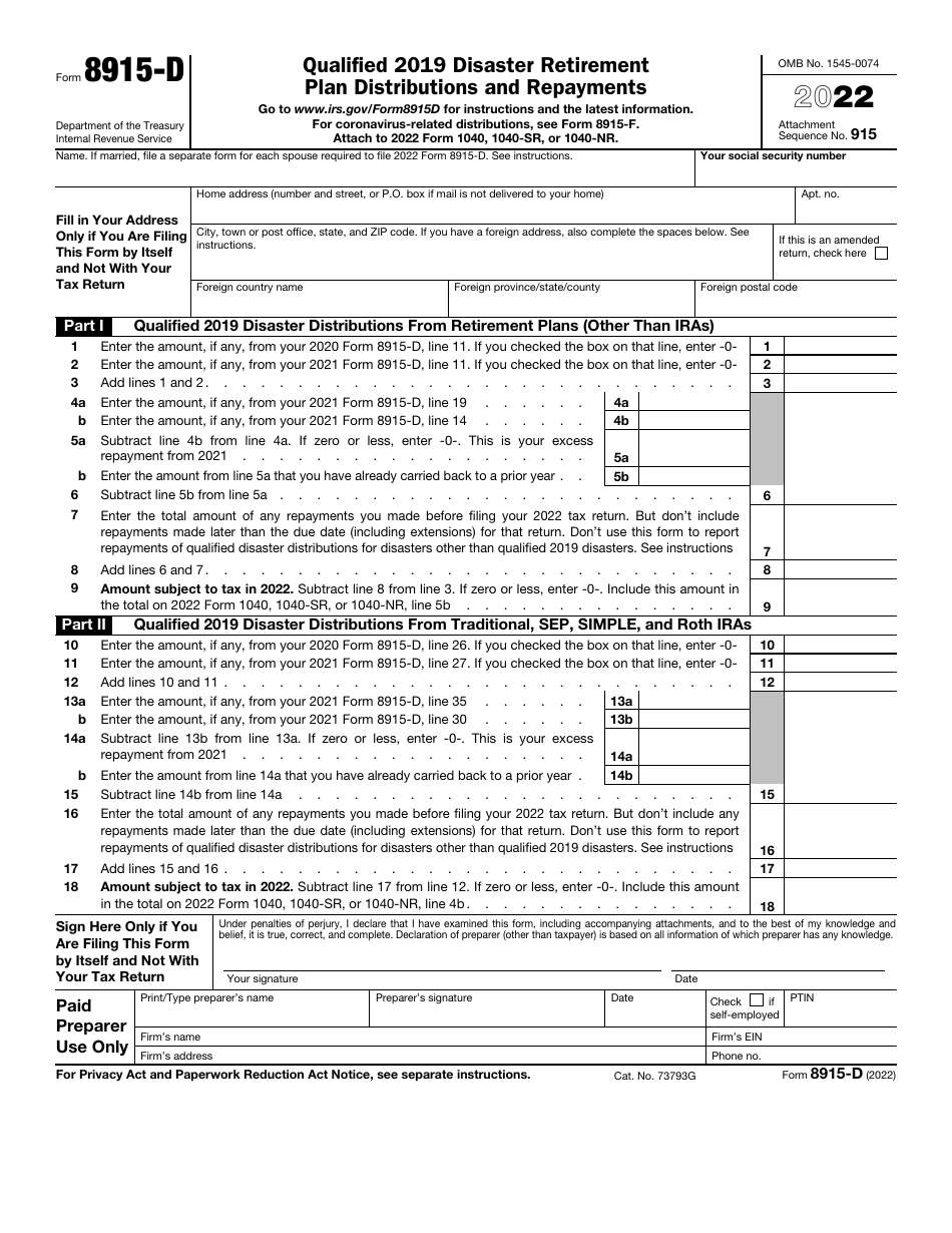 IRS Form 8915-D Download Fillable PDF or Fill Online Qualified 2019 ...