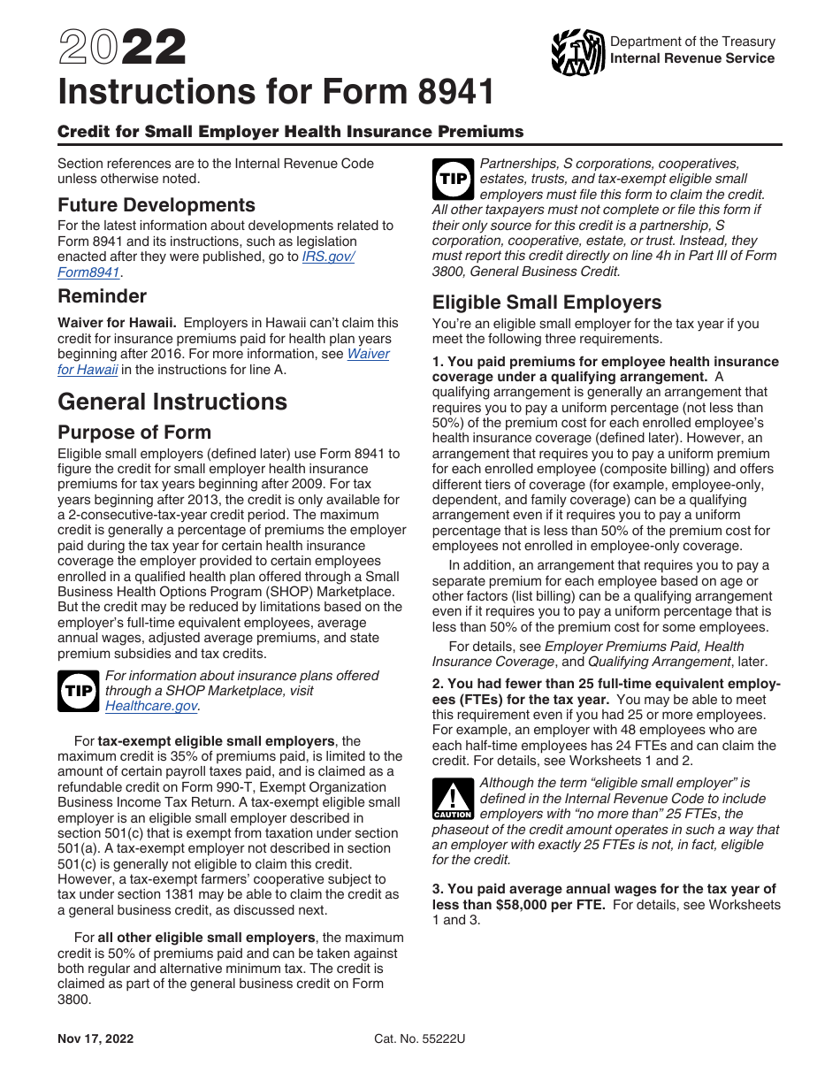 Download Instructions for IRS Form 8941 Credit for Small Employer ...
