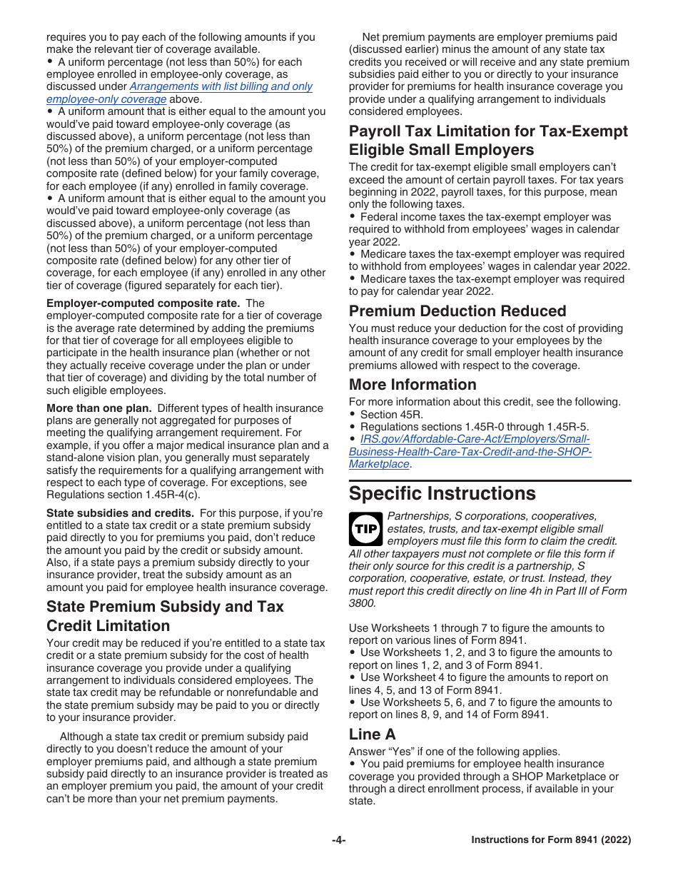 Download Instructions for IRS Form 8941 Credit for Small Employer