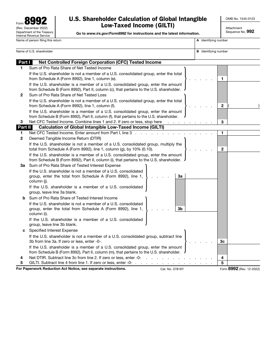 IRS Form 8892 U.S. Shareholder Calculation of Global Intangible Low-Taxed Income (Gilti), Page 1