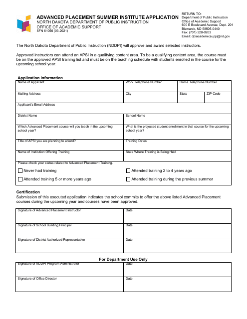 Form SFN61056 Advanced Placement Summer Institute Application - North Dakota