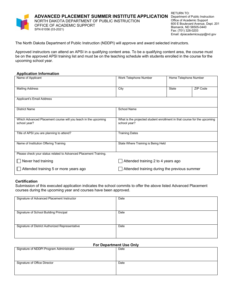 Form SFN61056 Advanced Placement Summer Institute Application - North Dakota, Page 1