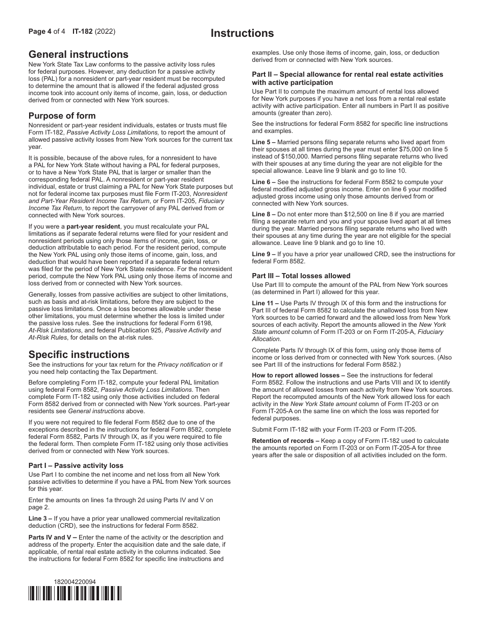 Form IT-182 Passive Activity Loss Limitations for Nonresidents and Part-Year Residents - New York, Page 4