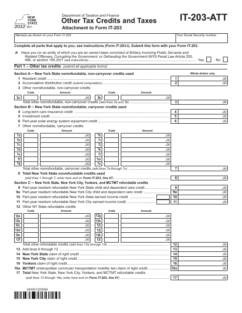 Form IT-203-ATT Other Tax Credits and Taxes - New York, 2022