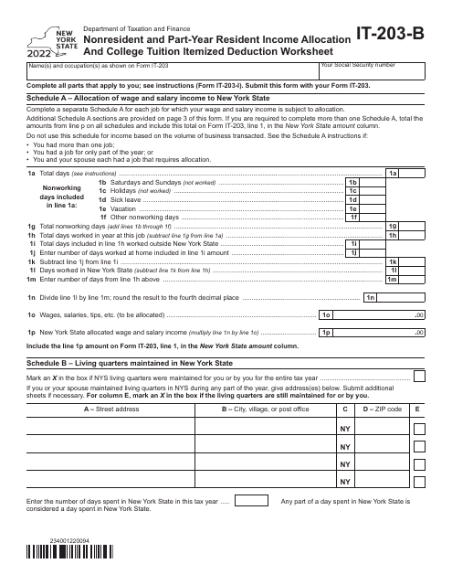 Form IT-203-B Nonresident and Part-Year Resident Income Allocation and College Tuition Itemized Deduction Worksheet - New York, 2022