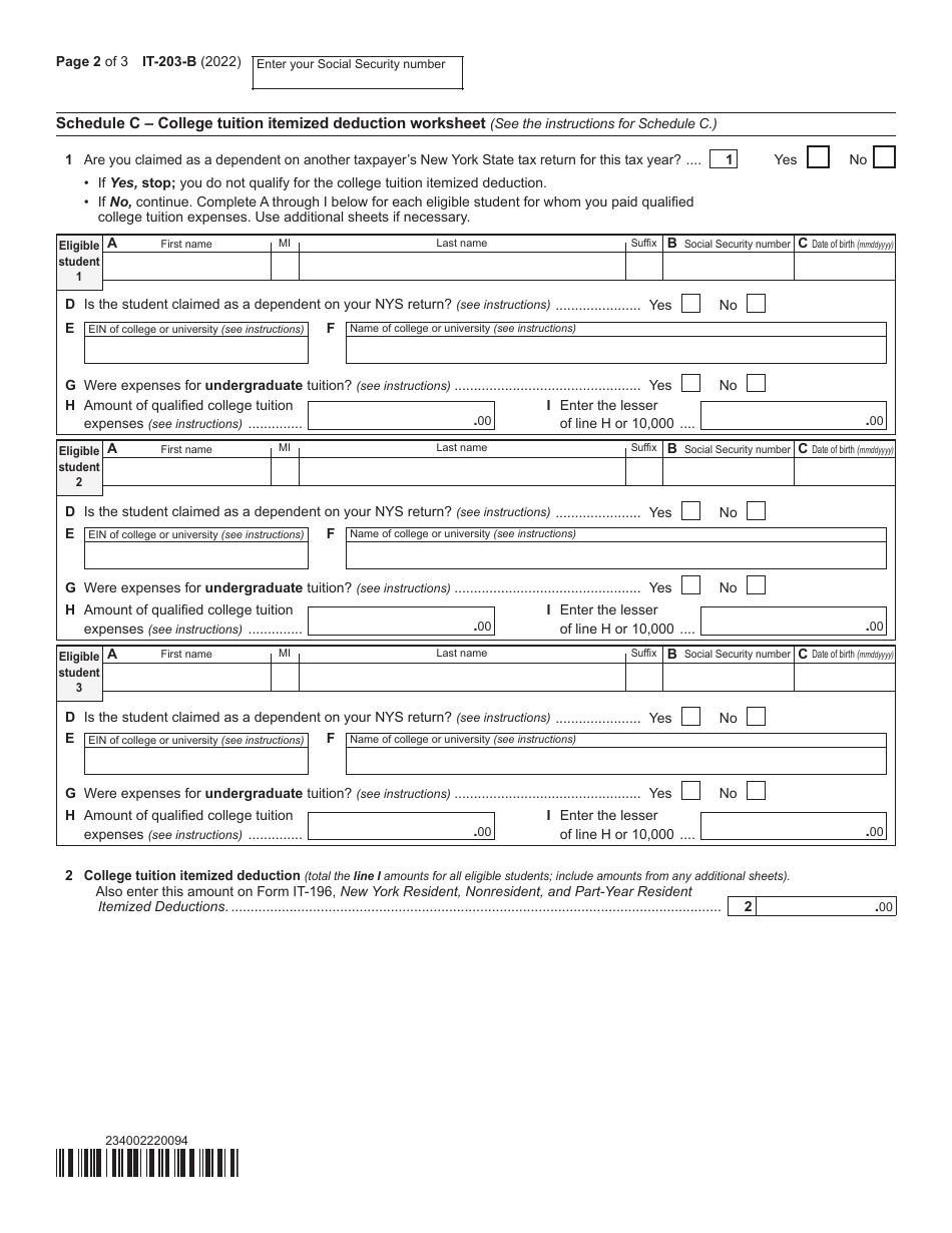 Form IT-203-B Nonresident and Part-Year Resident Income Allocation and College Tuition Itemized Deduction Worksheet - New York, Page 2