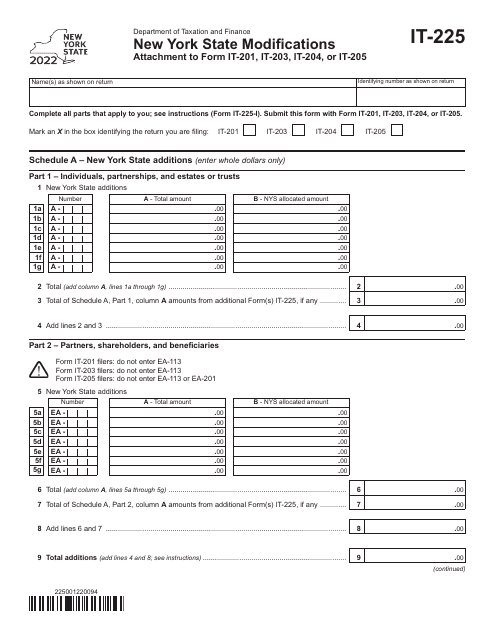 Form IT-225 New York State Modifications - New York, 2022