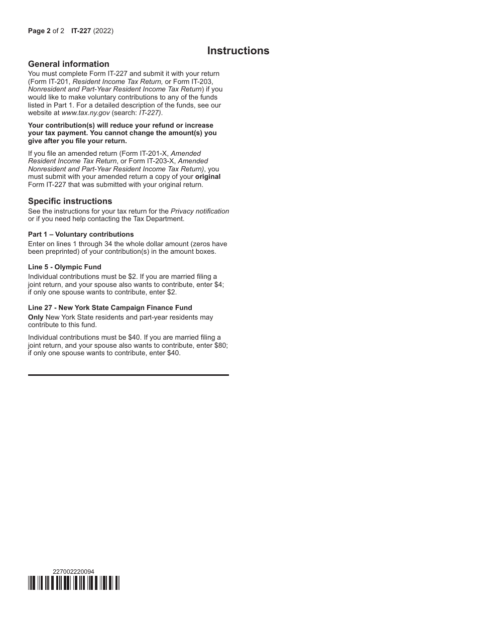 Form IT-227 New York State Voluntary Contributions - New York, Page 2