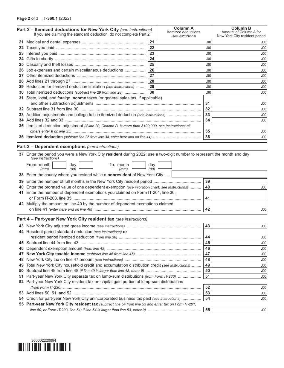 Form IT-360.1 Change of City Resident Status - New York, Page 2