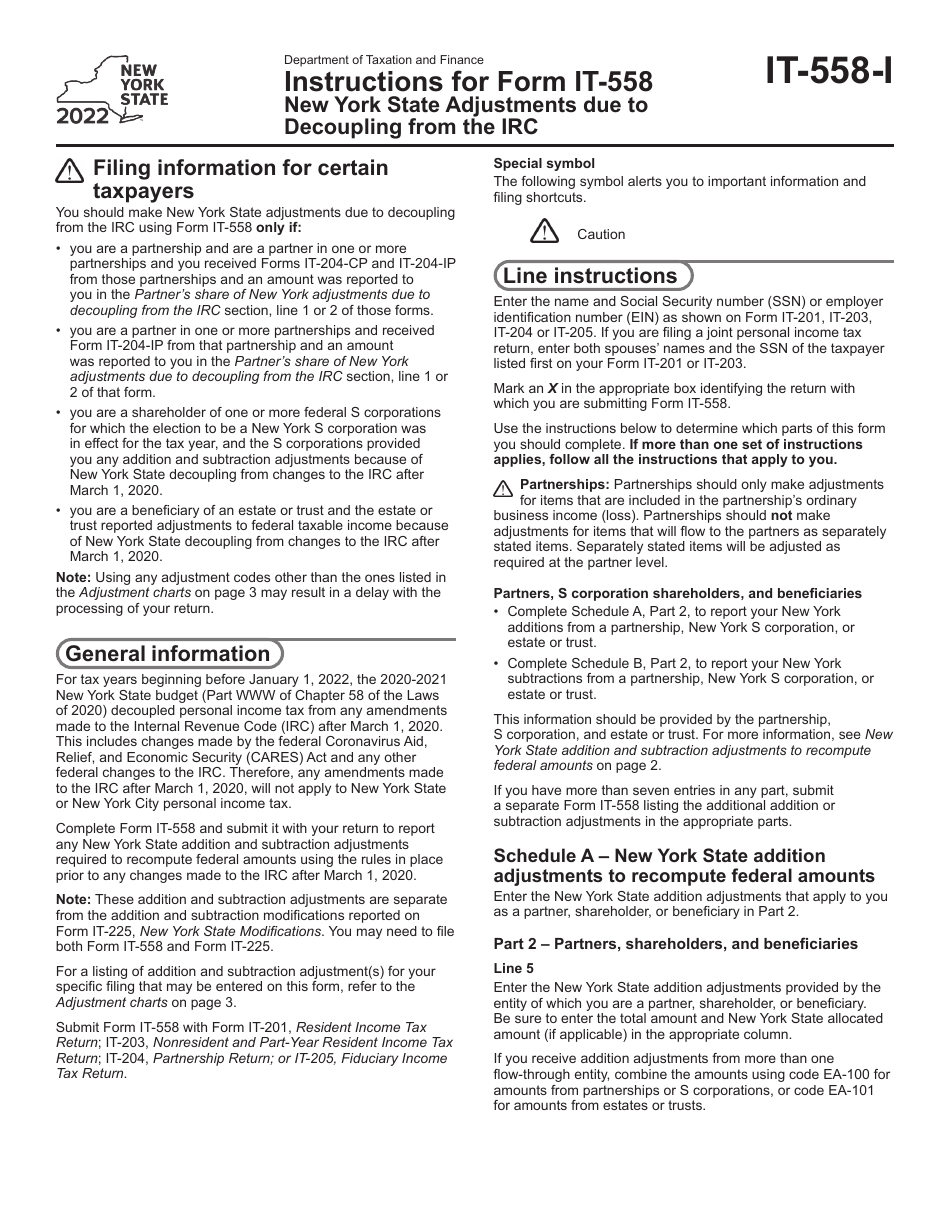 Instructions for Form IT-558 New York State Adjustments Due to Decoupling From the Irc - New York, Page 1
