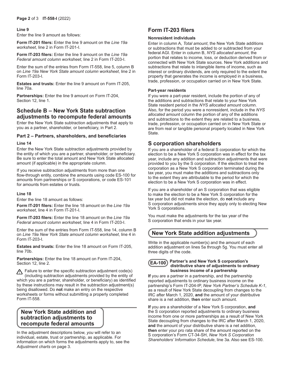 Instructions for Form IT-558 New York State Adjustments Due to Decoupling From the Irc - New York, Page 2