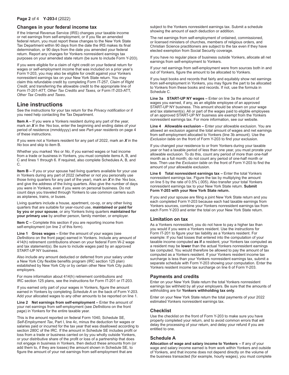 Instructions for Form Y-203 Yonkers Nonresident Earnings Tax Return - New York, Page 2