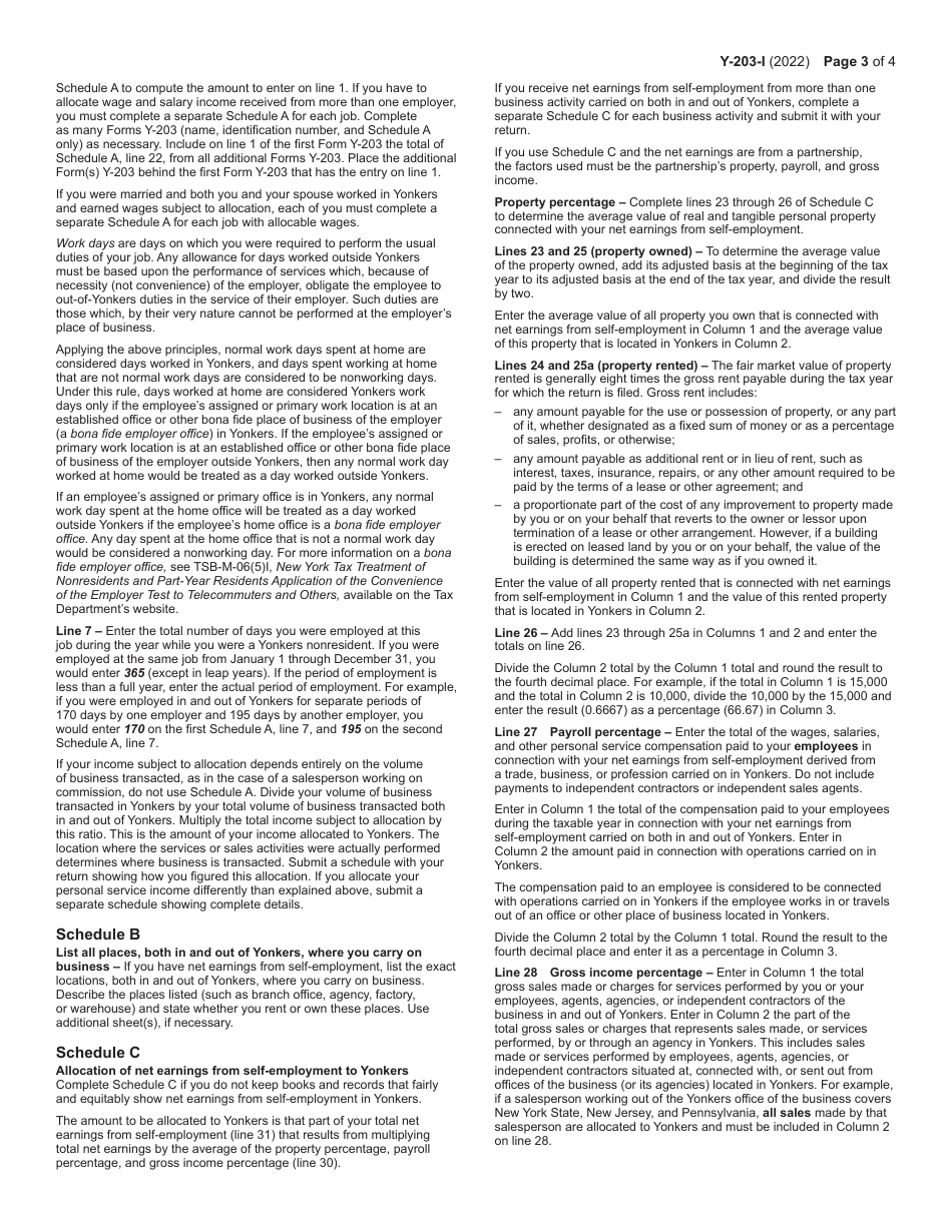 Instructions for Form Y-203 Yonkers Nonresident Earnings Tax Return - New York, Page 3