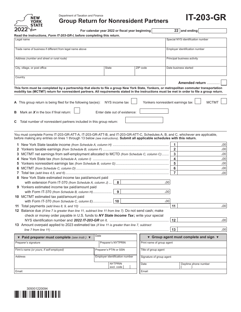 Form IT-203-GR Group Return for Nonresident Partners - New York, Page 1