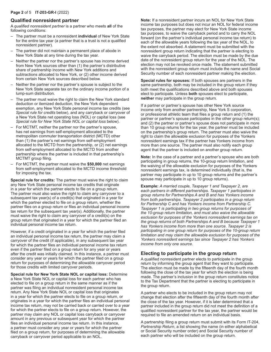 Instructions for Form IT-203-GR Group Return for Nonresident Partners - New York, Page 2
