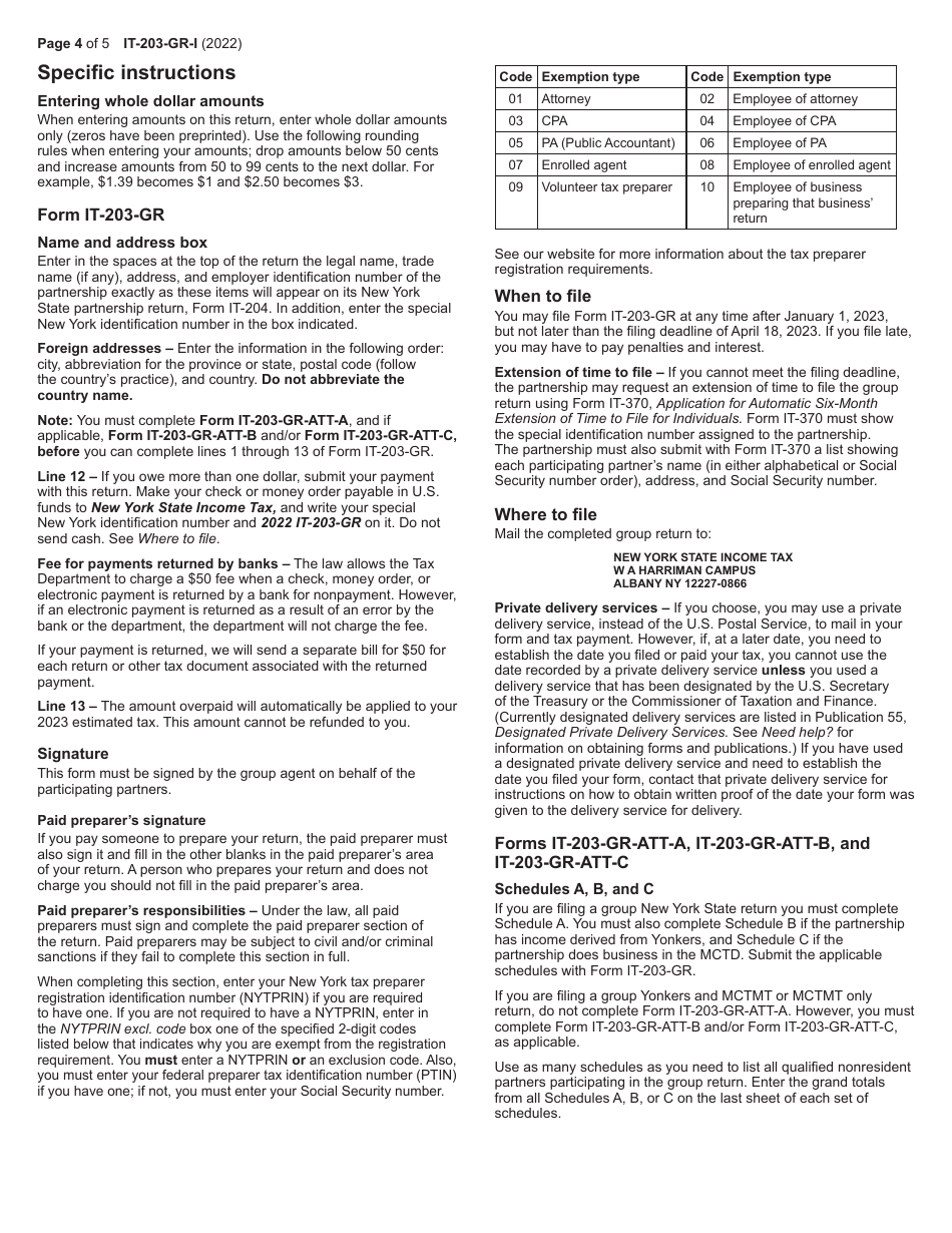 Instructions for Form IT-203-GR Group Return for Nonresident Partners - New York, Page 4