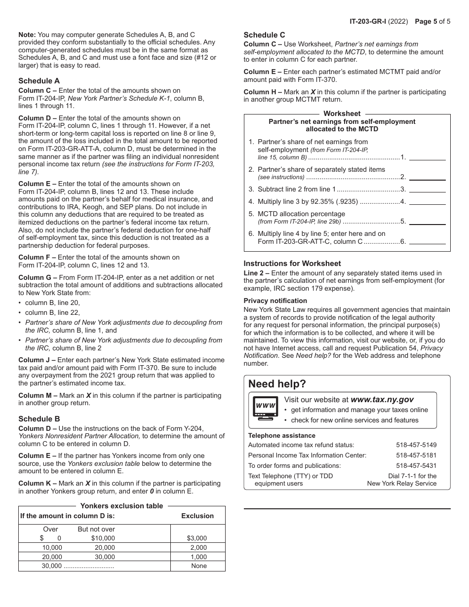 Instructions for Form IT-203-GR Group Return for Nonresident Partners - New York, Page 5