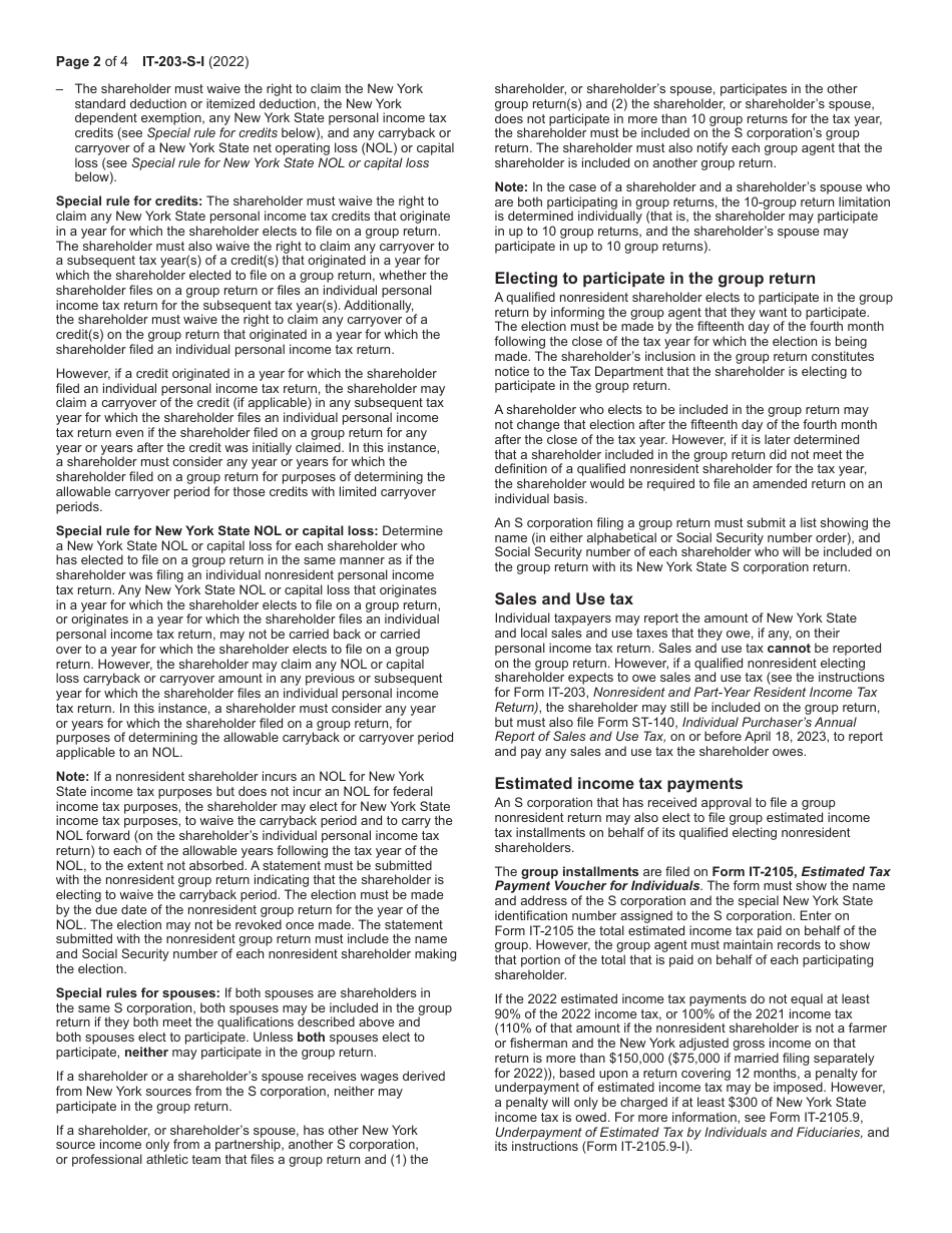 Instructions for Form IT-203-S Group Return for Nonresident Shareholders of New York S Corporations - New York, Page 2