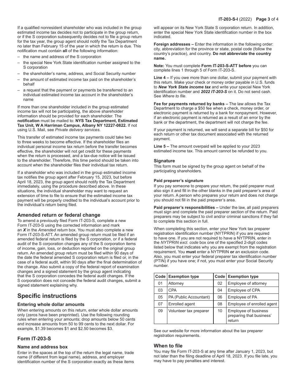 Instructions for Form IT-203-S Group Return for Nonresident Shareholders of New York S Corporations - New York, Page 3
