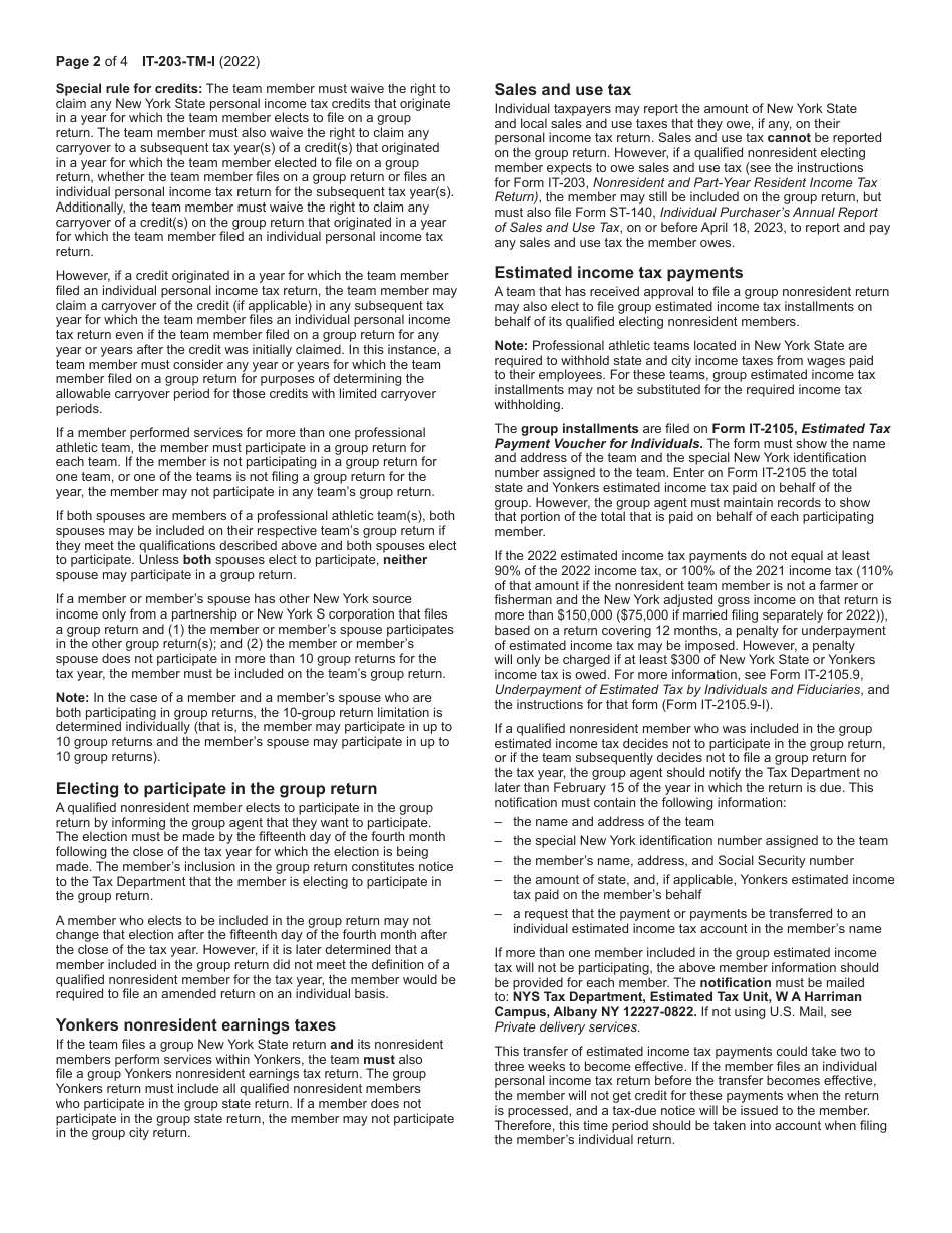 Instructions for Form IT-203-TM Group Return for Nonresident Athletic Team Members - New York, Page 2