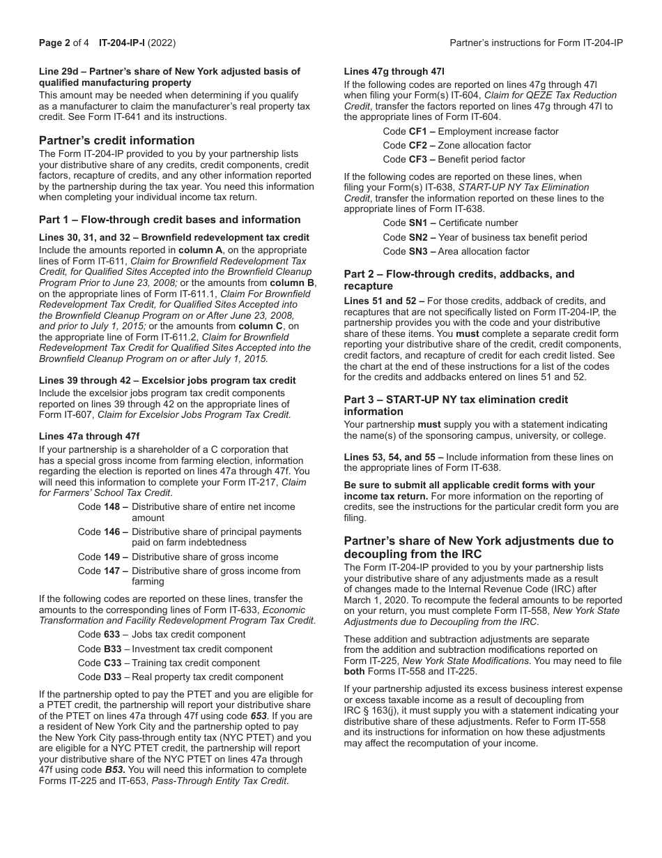 Instructions for Form IT-204-IP Schedule K-1 New York Partners Schedule - New York, Page 2