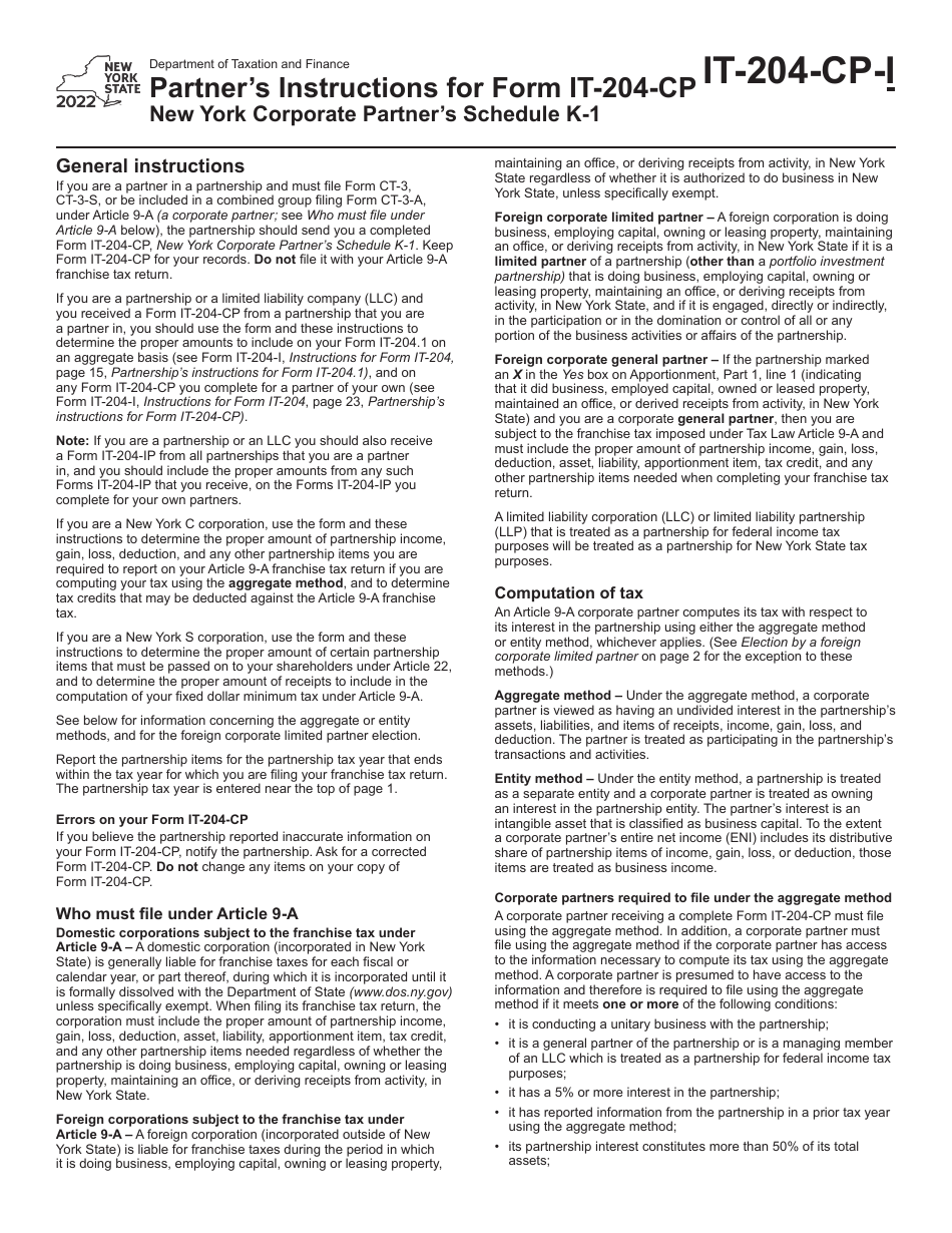 Instructions for Form IT-204-CP Schedule K-1 New York Corporate Partners Schedule - New York, Page 1