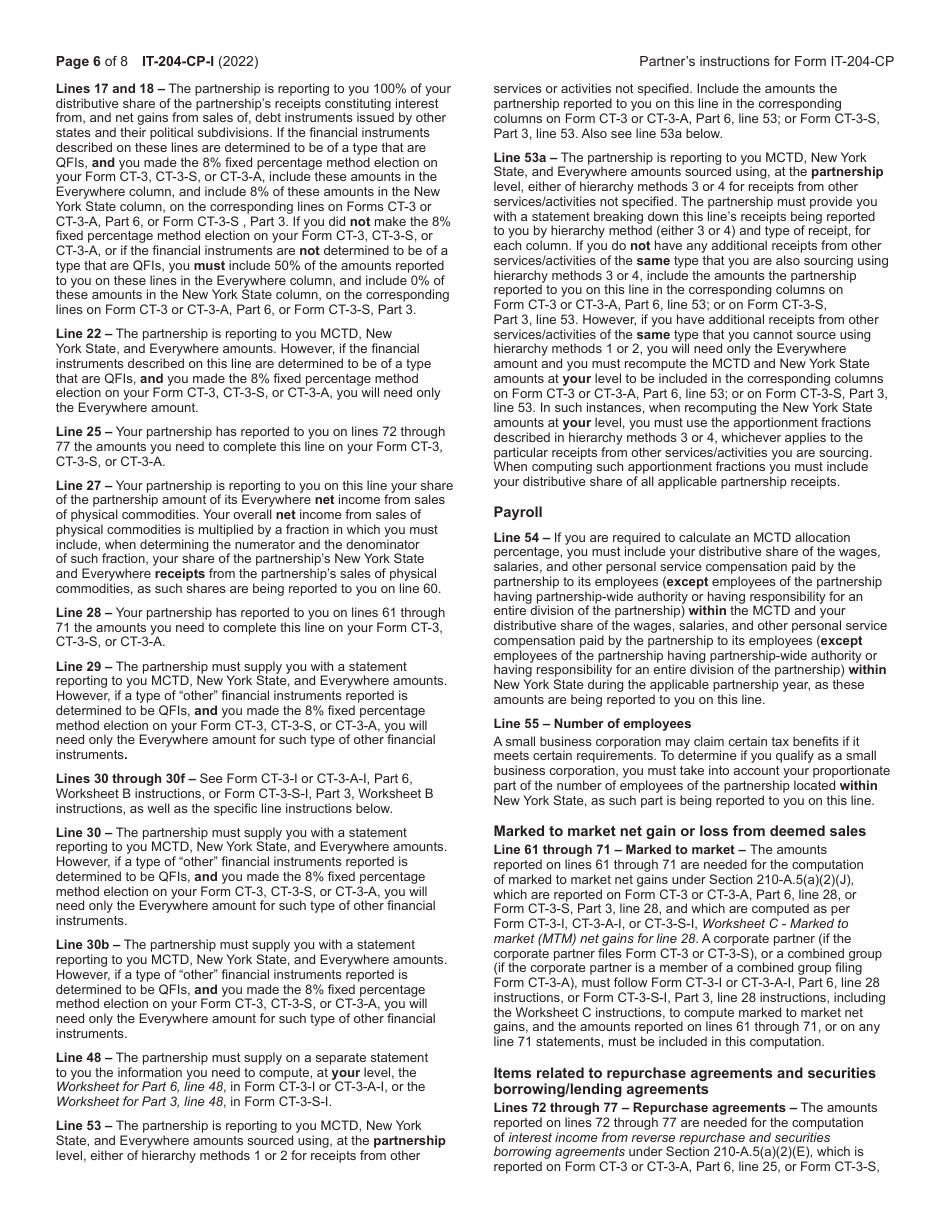 Instructions for Form IT-204-CP Schedule K-1 New York Corporate Partners Schedule - New York, Page 6